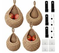 Gykutix 4 Piezas Cestas De Frutas Colgantes con Adhesivos de Pared y Ganchos, Cesto Sospeso Intrecciato a Mano per Frutta y Verduras, Organizar y Decorar