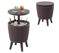 GYMAX 2 en 1 Mesa Porta-Hielo para Exterior con Tapa Elevable, Mesa para Cócteles de 30L con Orificio de Drenaje, para Jardín, Patio y Borde de Piscina, Mesa Refrigerada para Cerveza y Vino (Marrón)