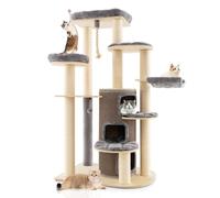 GYMAX Árbol para Rascar Gatos 173 cm de Alto, Árbol Multinivel con 3 Casas para Gatos y Postes para Rascar de Sisal, Estructura para Gatos con Tablero para Rascar y Forro Suave (Gris)