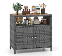 GYMAX Armario de Jardín de Ratán, Aparador con Encimera de Madera de Acacia, 2 Puertas y Estante Abierto, Mueble Exterior Almacenaje para Herramientas de Jardín, 90 x 53 x 86 cm (Gris)