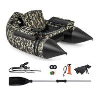 GYMAX Bote de Pesca Hinchable en Forma de V con Soporte para Caña, Almacenamiento de Equipo, Delantal de Pelado, Barco de Pesca con Mosca con Aletas, Remo, Bomba, Camuflaje