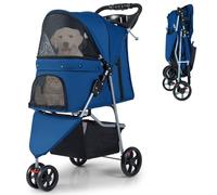 GYMAX Carritos para Perro, Ligero y Plegable con Ruedas Giratorias, Capota Ajustable, Cojín Lavable, Cesta de Almacenamiento y Porta Vaso, Coche para Gato y Mascotas, Capacidad 15 kg (Azul oscuro)