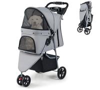 GYMAX Carritos para Perro, Ligero y Plegable con Ruedas Giratorias, Capota Ajustable, Cojín Lavable, Cesta de Almacenamiento y Porta Vaso, Coche para Gato y Mascotas, Capacidad 15 kg (Gris)