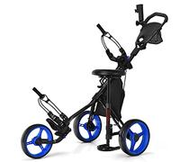 GYMAX Carro de Golf, 3 Ruedas, Plegable, Carrito de Golf de Empuje con 4 Posiciones Ajustables en Altura, Paragüero y Asiento Ajustables, Bolsa, Portabebidas, Freno de Pie (Azul)