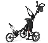 GYMAX Carro de Golf, 3 Ruedas, Plegable, Carrito de Golf de Empuje con 4 Posiciones Ajustables en Altura, Paragüero y Asiento Ajustables, Bolsa, Portabebidas, Freno de Pie (Gris)