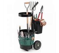GYMAX Carro de Jardín para Herramientas, Carrito de Transporte con Ruedas, Cubo Redondo de 20 L, Cubo Rectangular de 5 L y Bolsa de Tela Oxford, Carretilla Portátil Porta Utensilios de Jardinería