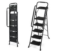 GYMAX Escalera de 4/5 Peldaños de Hierro, Escalera Plegable con Bandeja Portaherramientas Práctica, Asas Superiores y Laterales, Amplios Peldaños Antideslizantes para Pintar (5 Peldaños)