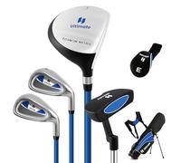 GYMAX Juego Completo de Palos de Golf, con Madera de Fairway #3, Hierros #7 y #9, Putter, Bolsa de Golf Portátil con Soporte y Funda Protectora de Lluvia, 11-13 Años (Azul,71 cm x 53 cm x 81 cm)