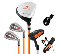 GYMAX Juego Completo de Palos de Golf, con Madera de Fairway #3, Hierros #7 y #9, Putter, Bolsa de Golf Portátil con Soporte y Funda Protectora de Lluvia, 8-10 Años (Naranja,61 cm x 49 cm x 72 cm)