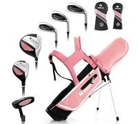 GYMAX Juego Completo de Palos de Golf para Niños de 11 a 13 Años, Incluye Bolsa de Golf, Funda para la Lluvia, Madera N.° 1, Híbrido N.° 5, Hierros N.° 7 N.° 9 N.° S, Putter (Rosa)