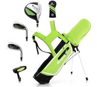 GYMAX Juego Completo De Palos De Golf para Niños Diestros De 8 A 10 Años, Incluye Fairway De Madera N.° 1 con Cubierta para La Cabeza, Hierros N.° 7 Y N.° S, Putter Y Bolso con Capucha (Verde)