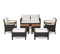 GYMAX Juego de Muebles de Patio de 7 Piezas, Sofá Exterior de Ratán PE para Todo Clima con Cojines, Conjunto con Mesas de Café de Acacia para Porche, Alrededor de la Piscina, Jardín, Patio Trasero