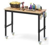 GYMAX Mesa de Trabajo de Altura Ajustable, 122 x 51 x 74-104 cm, Banco con Placa de Madera de Goma, 2 Placas Perforadas, Carga 1100 kg, Mesa de Trabajo Profesional para Taller, Garaje, Oficina
