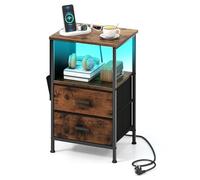 GYMAX Mesita de Noche con Estación de Carga, Mesita de Noche Industrial, Mesa de Centro con 2 Cajones, 1 Estante Abierto y Bolsa de Almacenamiento, Luz LED Ajustable con Control Remoto (1)