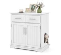 GYMAX Mueble para Arena de Gatos, Casa para Gatos de Madera con Armario de 2 Puertas y 2 Cajones, Camita para Gatos con Dispositivos Antivuelco para Entrada y Salón, 80 x 45 x 80 cm, Blanco