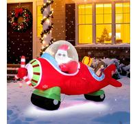 GYMAX Papá Noel Inflable en Avión, Inflables Navideños con Ventilador, Luces LED, Hélice Giratoria y Osito Adorable, de Tela de Poliéster, Decoración Navideña para Exteriores e Interiores