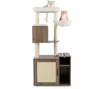 GYMAX Rascador para Gatos con Armario, Cajón para Gatos, Plataforma, Hamaca y Posadero, Árbol para Gatos de Interior con 2 Cuencos, Pompones, Postes y Tabla para Rascar para Gatitos (Gris)