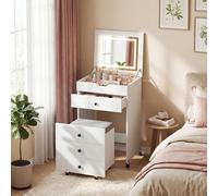 GYMAX Tocador 3 en 1 con Ruedas, Mesa con Espejo Iluminado Plegable, Cajones y Espacio de Almacenamiento, Tocador con Taburete con Espacio de Almacenamiento para Dormitorio, y Oficina