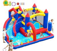 GYMMALL Castillo Hinchable para Niños, Castillos Hinchables con Tobogán, Soplador, Trampolín y Pared para Escalar, para Uso Interior, Exterior, Habitación, Jardín, Fiesta y Parque