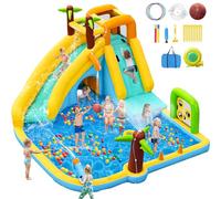 GYMMALL Tobogán Inflable de Agua con Ventilador 450W - Castillo Hinchable 10-en-1 para Niños en Interior y Exterior con Piscina, Aspersores y Tobogán Largo