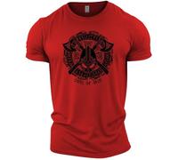 GYMTIER Sons of Odin - Casco Vikingos - Camiseta de Gimnasia para Hombre Entrenamiento de Culturismo Ropa Superior de Levantamiento, Rojo, 3XL