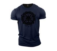 GYMTIER Sons of Odin - Casco Vikingos - Camiseta de Gimnasia para Hombre Entrenamiento de Culturismo Ropa Superior de Levantamiento, Azul Marino, M