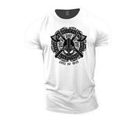 GYMTIER Sons of Odin - Casco Vikingos - Camiseta de Gimnasia para Hombre Entrenamiento de Culturismo Ropa Superior de Levantamiento, Blanco, M