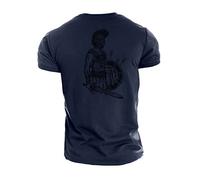 GYMTIER Sword and Shield - Camiseta de gimnasio espartano para hombre, culturismo, levantamiento de pesas, entrenamiento de hombre fuerte, ropa activa Spartan forjada, azul marino, L