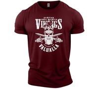GYMTIER Vikings Victory Or Valhalla Camiseta de gimnasio para hombre, para entrenamiento de culturismo y levantamiento de pesas, rojo (Maroon), L