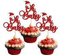 Gyufise 24 adornos de Navidad para cupcakes con purpurina de Papá Noel Oh Baby para invierno, baby shower, niños, cumpleaños, Navidad, suministros para fiestas, color rojo