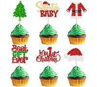 Gyufise 24 adornos de Navidad para cupcakes de Papá Noel con purpurina My First Christmas Baby Shower Cupcake Picks Merry Christmas Cake Decoraciones para revelación de género niños suministros de
