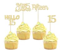 Gyufise 24 adornos dorados para cupcakes de 15 cumpleaños con purpurina Mis Quince, 15 adornos para tartas Hello 15 palillos para cupcakes para decoración de pasteles de 15 cumpleaños