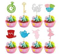 Gyufise 24 adornos para cupcakes de Alicia en el País de las Maravillas con purpurina, reloj para llaves de Fairy Eat Me Cupcake Picks para fiestas de té, decoraciones de tartas para baby shower,
