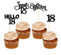 Gyufise 24 adornos para cupcakes de cumpleaños número 18 con purpurina negra para dulces 18 Hello 18 Dieciocho palillos para cupcakes para decoración de pasteles de cumpleaños 18