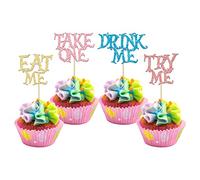 Gyufise 24 adornos para cupcakes de Eat Me con purpurina de colores mixtos Try Me Take One Cupcake Picks Alicia en el país de las maravillas decoraciones para tartas temáticas para baby shower, niños
