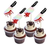 Gyufise 24 adornos para cupcakes de Halloween, cuchillo de sangre de terror con purpurina, púas para cupcakes, decoraciones de pastel de cumpleaños para Halloween, suministros de fiesta de cumpleaños