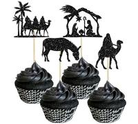 Gyufise 24 adornos para cupcakes de Navidad con purpurina de Jesús, cumpleaños, Feliz Navidad, púas para magdalenas para belén sagrado tema Navidad Jesús fiesta de cumpleaños suministros negro