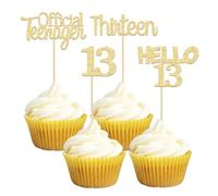 Gyufise 24 adornos para magdalenas de cumpleaños con purpurina de oro rosa, 13, 13 trece adornos para tartas, púas oficiales para adolescentes, 13 cumpleaños, fiestas, suministros para decoración de tartas