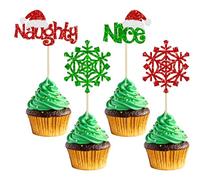 Gyufise 24 adornos traviesos o bonitos para cupcakes, decoración de Navidad con purpurina roja y verde para decoración de cupcakes con temática de Feliz Navidad, cumpleaños, baby shower, fiesta, feliz