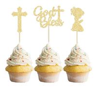 Gyufise 24 decoraciones para magdalenas con purpurina dorada y bendición de Dios y Cruzadas para niña, baby shower, decoración para fiestas de bautismo, suministros de decoración