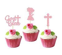 Gyufise 24 decoraciones para magdalenas con purpurina rosada y bendición de Dios y Cruz, decoración para tarta de baby shower, niña, bautismo, suministros de decoración para fiestas