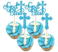 Gyufise 24 piezas de adornos para cupcakes con cruz y bendiga a Dios bendiga para cupcakes, decoración de tartas cristianas para primera comunión, bautizo, suministros para fiestas, color azul