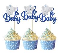 Gyufise 24 piezas de decoración para cupcakes de elefante Oh Baby con purpurina dorada It's a Boy, decoración de tartas de revelación de género para decoración de tartas con temática de elefante, baby