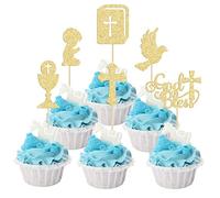 Gyufise 24 piezas de decoración para cupcakes de niño Dios bendiga y cruz con purpurina, cáliz de paloma de la Biblia, bautizo, púas para cupcakes, primera comunión, bautizo cristiano, temática de