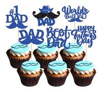 Gyufise 24 piezas de decoración para magdalenas con bigote y purpurina azul, Best Dad World's Best No 1, para el día del padre feliz y el día del padre
