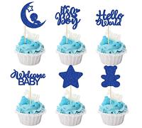 Gyufise 24 piezas de decoración para magdalenas de bebé con estrella de luna, oso azul claro, purpurina It's a Boy Welcome Baby Hello World Baby Boy Cupcake Picks Baby Shower para niños suministros de fiesta de cumpleaños