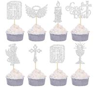 Gyufise 28 adornos para cupcakes con purpurina plateada para niñas, bautizo, cáliz de ángel, cruz de la Biblia, decoración de pasteles, temática de bautizo cristiano, baby shower, fiesta, suministros