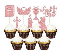 Gyufise 28 adornos para cupcakes de oro rosa con purpurina para niñas, bautizo, cáliz de ángel, cruz de la Biblia, decoración de pasteles, temática de bautizo cristiano, baby shower, fiesta,