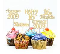 Gyufise 30 piezas de decoración para cupcakes con purpurina para quince años vintage 2009, decoraciones para tartas de cumpleaños de 16 años, suministros de fiesta de aniversario, color dorado