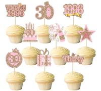 Gyufise 36 piezas de decoración para cupcakes de 30 cumpleaños con purpurina de oro rosa treinta Hello 30 vintage 1996 para cupcakes de saludos a 30 años, 30 fabulosas decoraciones para tartas para